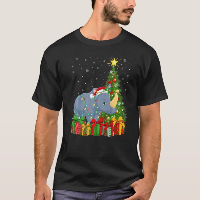 Rhino  Xmas Holiday Santa Rhino Christmas Tree T Shirt (Framsida)