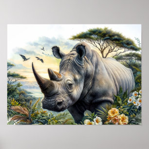 Rhinoceros botaniska Blommigten Watercolor Art Poster