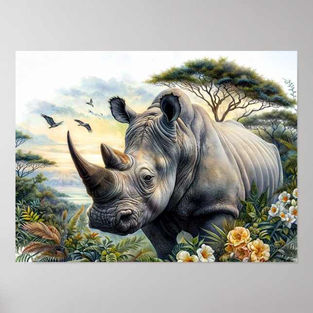 Rhinoceros botaniska Blommigten Watercolor Art Poster (Framsidan)