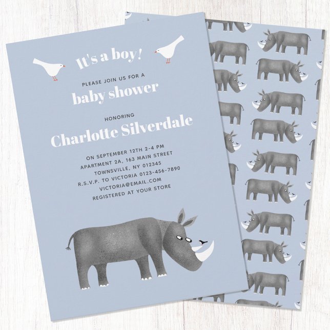 Rhinoceros Det är en pojkvän-babystötare Inbjudningar (Fun rhino themed baby shower invitation)
