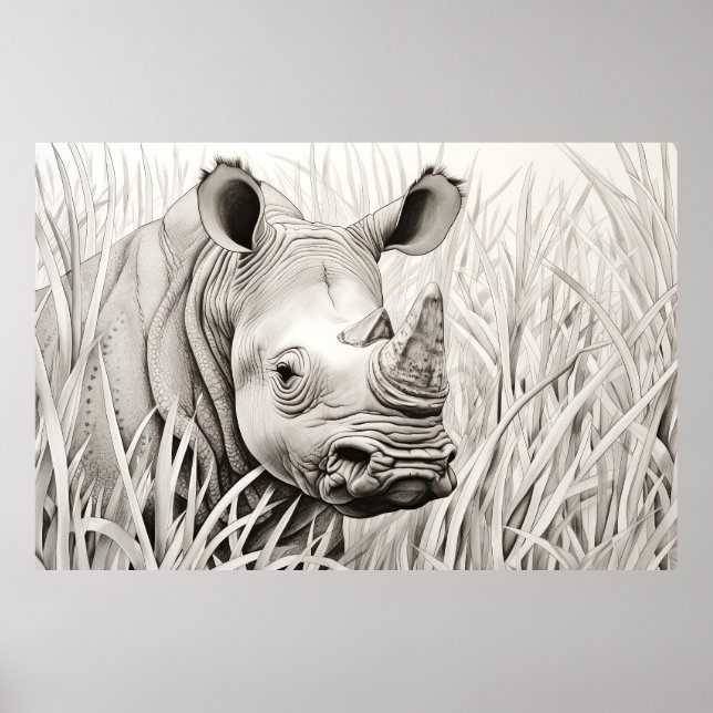 Rhinoceros fredliga natur Prairie Sketch Teckning Poster (Framsidan)