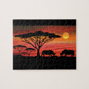 Rhinoceros i Serengeti Sunset Pussel