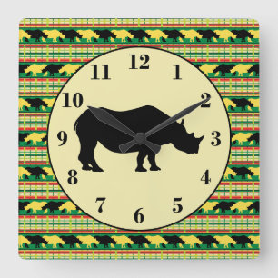 Rhinoceros Safari Weave Mönster och Silhouette Fyrkantig Klocka