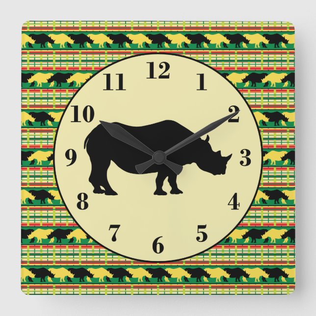 Rhinoceros Safari Weave Mönster och Silhouette Fyrkantig Klocka (Framsida)
