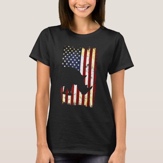 Rhinoceros Silhouette American Flagga 4:e juli T Shirt (Framsida)
