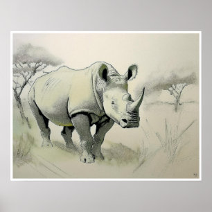 Rhinoceros Teckning - Art-utskrift Poster