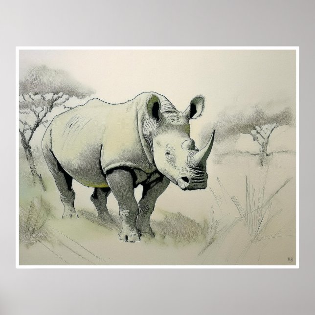Rhinoceros Teckning - Art-utskrift Poster (Framsidan)
