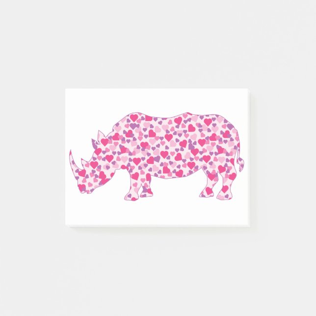 Rhinoceros tillverkad i Rosa Hearts Post-it Block (Framsida)