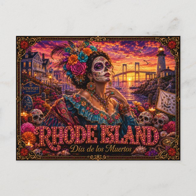 Rhode Island Día de los Muertos Retro Vykort (Framsida)