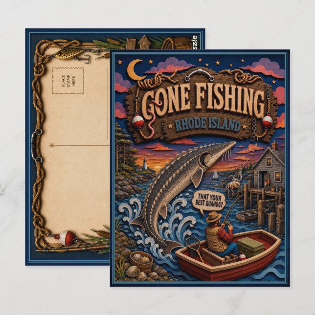 Rhode Island Gone Fishing Atlantisk Stör Vykort (Fram/baksida)