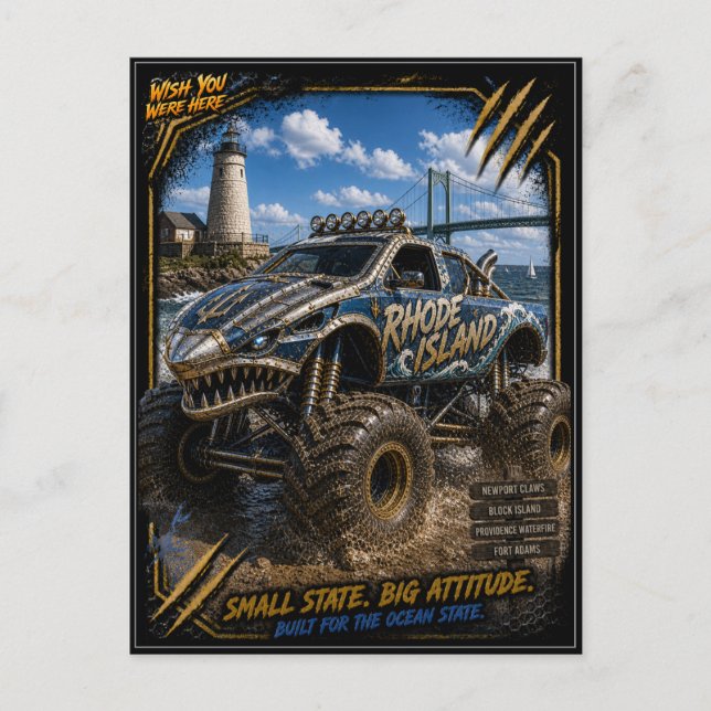 Rhode Island Monster Truck Terräng Konst Vykort (Framsida)