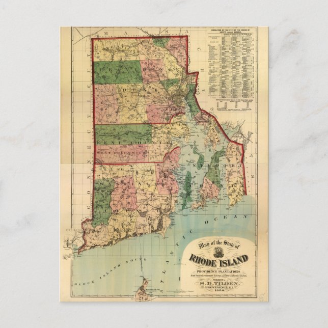 Rhode island & Providence Plantations Karta (1880) Vykort (Framsida)
