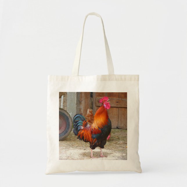 Rhode island Red Tupp Crowing in Barnyard Tygkasse (Framsidan)
