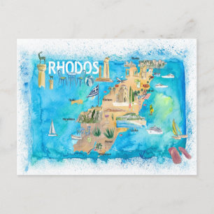 Rhodes Greece Illustrated Karta med Landmarks Vykort