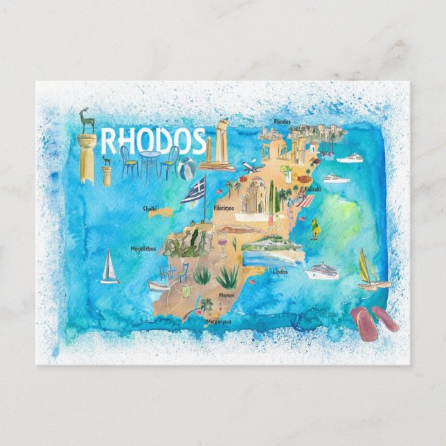 Rhodes Greece Illustrated Karta med Landmarks Vykort (Framsida)