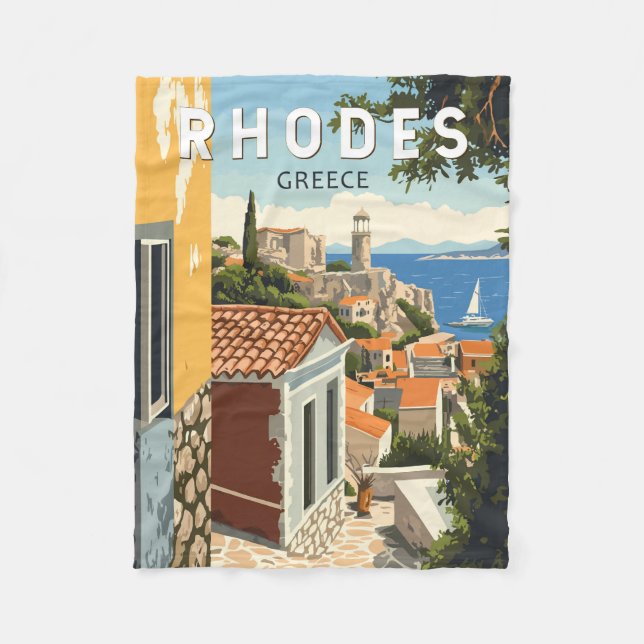 Rhodes Greece Old Town Travel Art Vintage Fleecefilt (Framsidan)