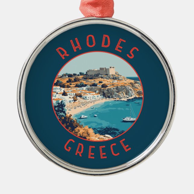 Rhodes Greece Retro Distress Circle Julgransprydnad Metall (Framsidan)