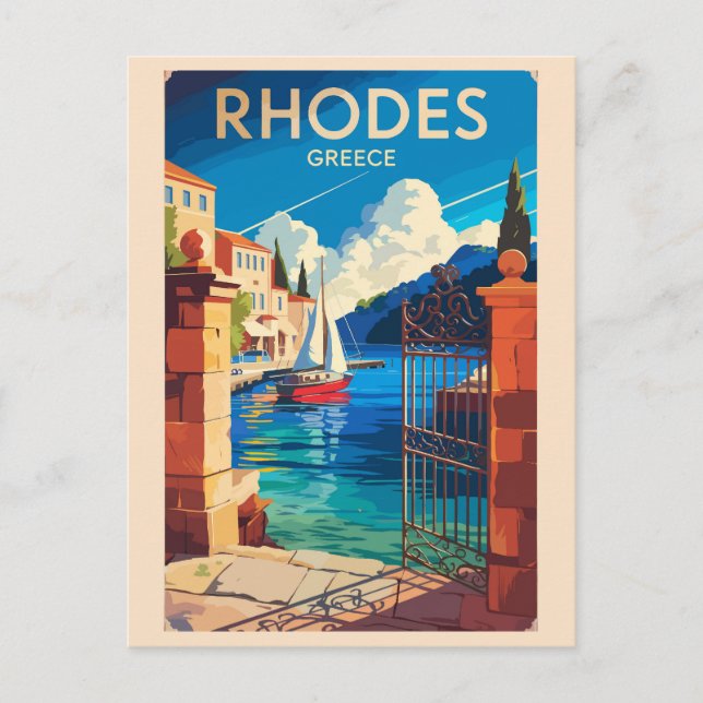 Rhodes Greece Travel Art Vintage Vykort (Framsida)
