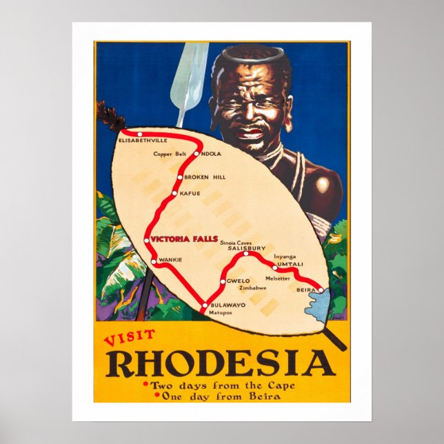Rhodesia, traditionell krigare med karta på skölde poster (Framsidan)