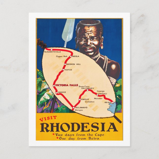 Rhodesia, traditionell krigare med karta på skölde vykort (Framsida)