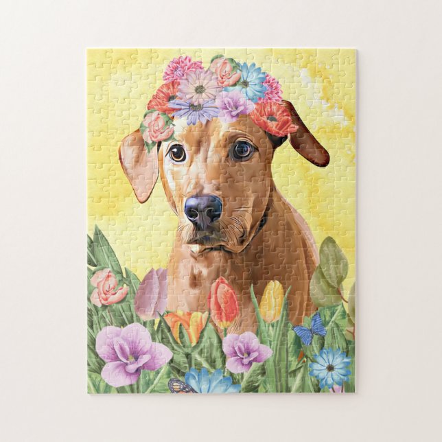 Rhodesian Rdgeback Hund med Flowers Vår Pussel (Vertikal)