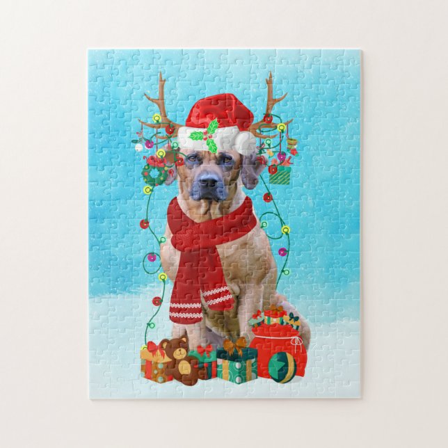 Rhodesian Rdgeback i snö med julklappar Pussel (Vertikal)