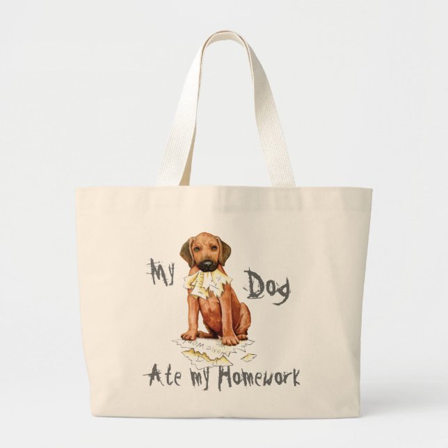 Rhodesian Ridgeback Ate Homwork Large Tote Bag Jumbo Tygkasse (Framsidan)