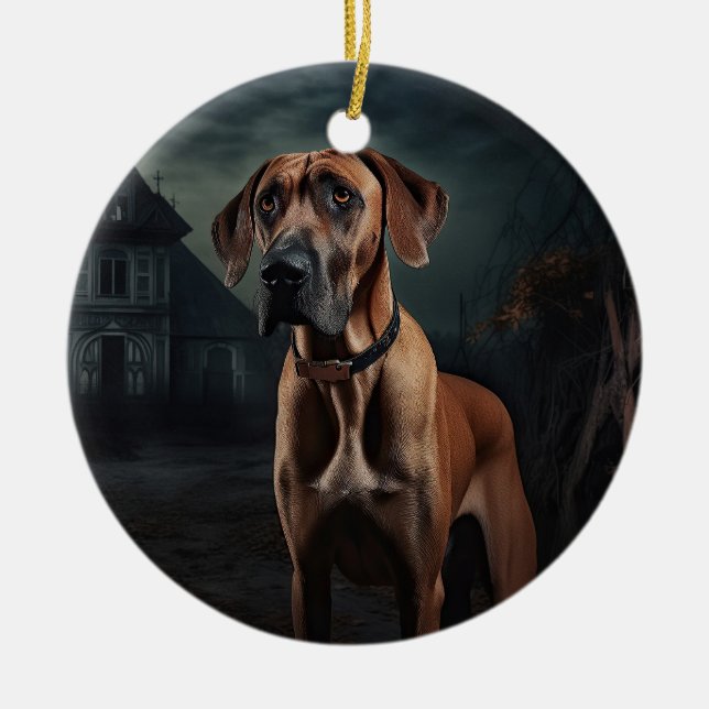 Rhodesian Ridgeback Halloween Skräckinjagande Julgransprydnad Keramik (Framsidan)