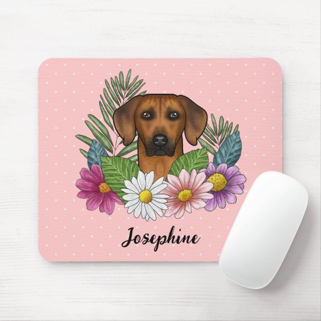 Rhodesian Ridgeback Head Colorful Flowers and Namn Musmatta (Med mus)