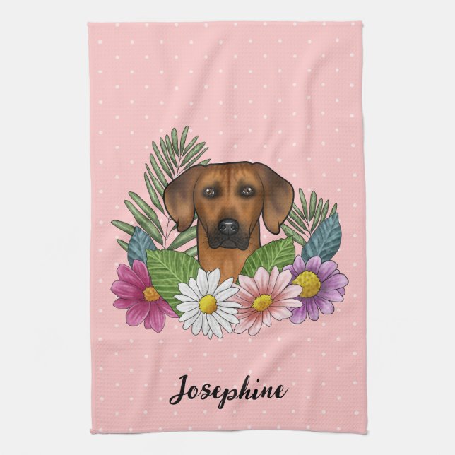 Rhodesian Ridgeback Hund Colorful Wildblommors Ros Kökshandduk (Vertikal)