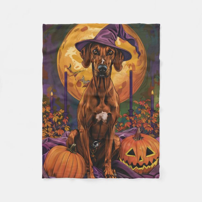 Rhodesian Ridgeback Hund Halloween Häxa Pumpa Fleecefilt (Framsidan)