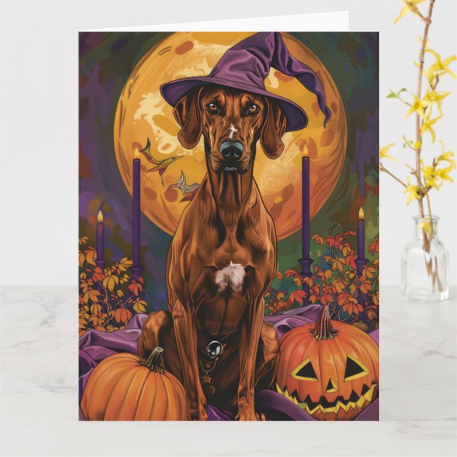 Rhodesian Ridgeback Hund Halloween Häxa Pumpa Kort (Gul blomma)