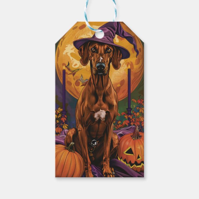 Rhodesian Ridgeback Hund Halloween Witch Pumpkin Presentetikett (Framsidan)