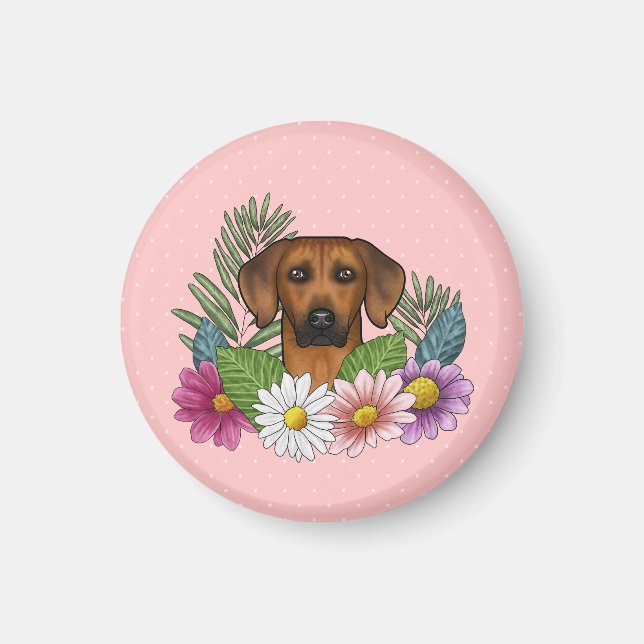 Rhodesian Ridgeback Hund Head Sommar Blommigt Rosa Magnet (Framsidan)