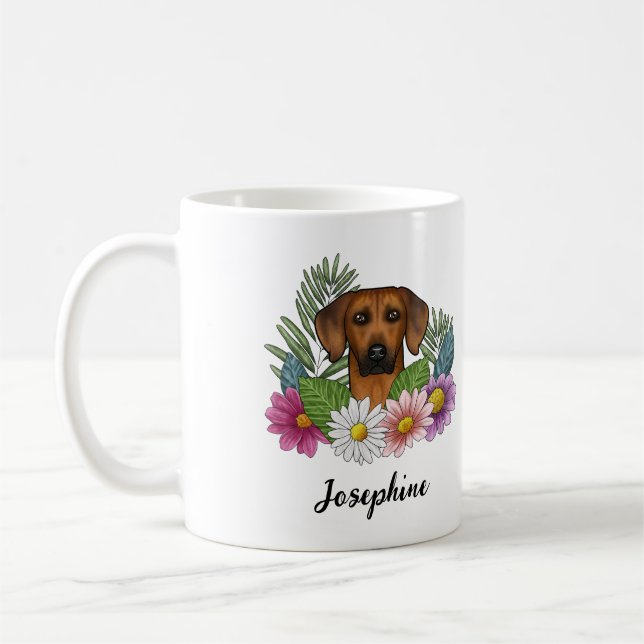 Rhodesian Ridgeback Hund Huvud Blommor Och Namn Kaffemugg (Vänster)