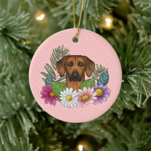 Rhodesian Ridgeback Hund Huvud Färgglada Blommor R Julgransprydnad Keramik