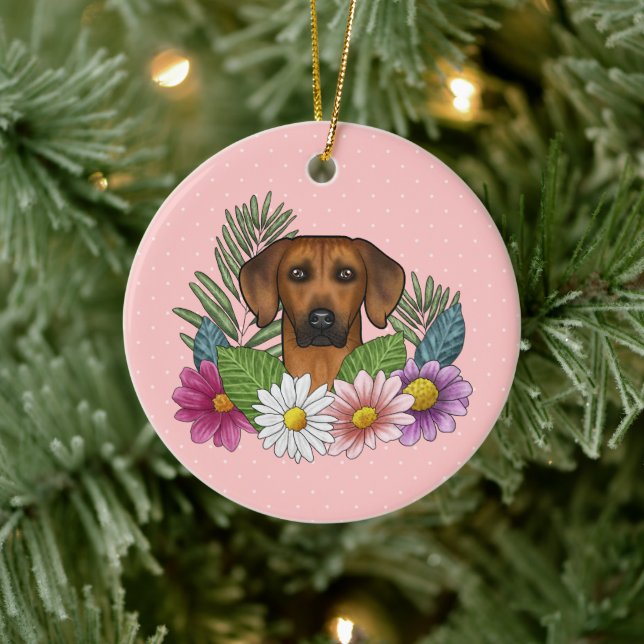 Rhodesian Ridgeback Hund Huvud Färgglada Blommor R Julgransprydnad Keramik (Träd)
