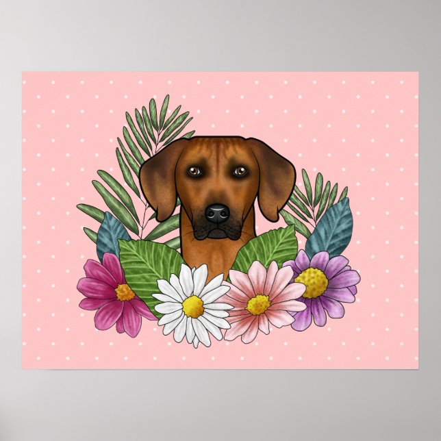 Rhodesian Ridgeback Hund Huvud Färgglada Blommor R Poster (Framsidan)