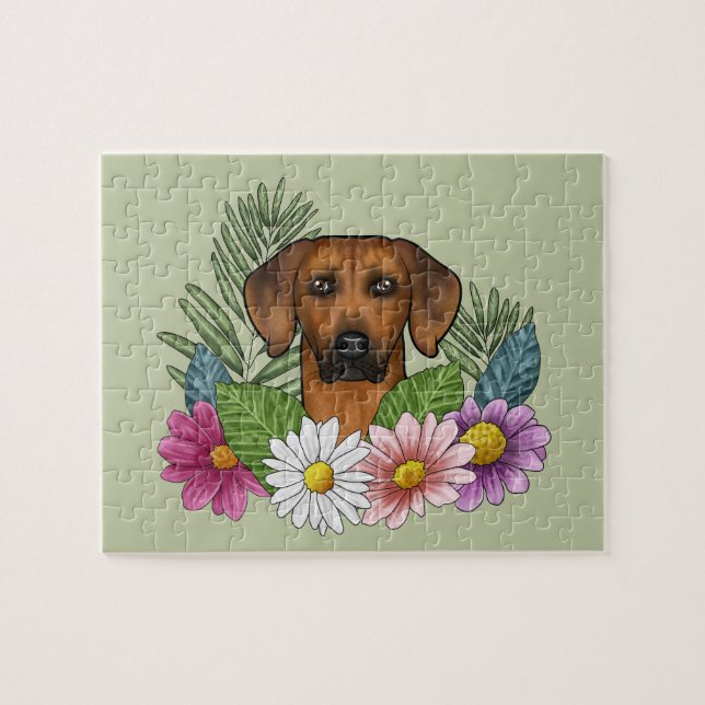 Rhodesian Ridgeback Hund Huvud Sommar Blommor Grön Pussel (Horisontell)