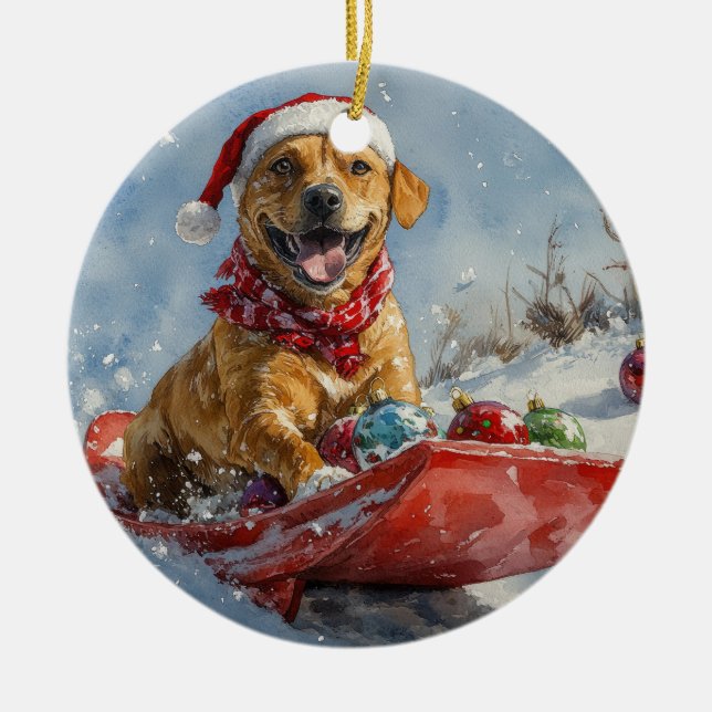 Rhodesian Ridgeback Hund i Slädj Jul Julgransprydnad Keramik (Framsidan)