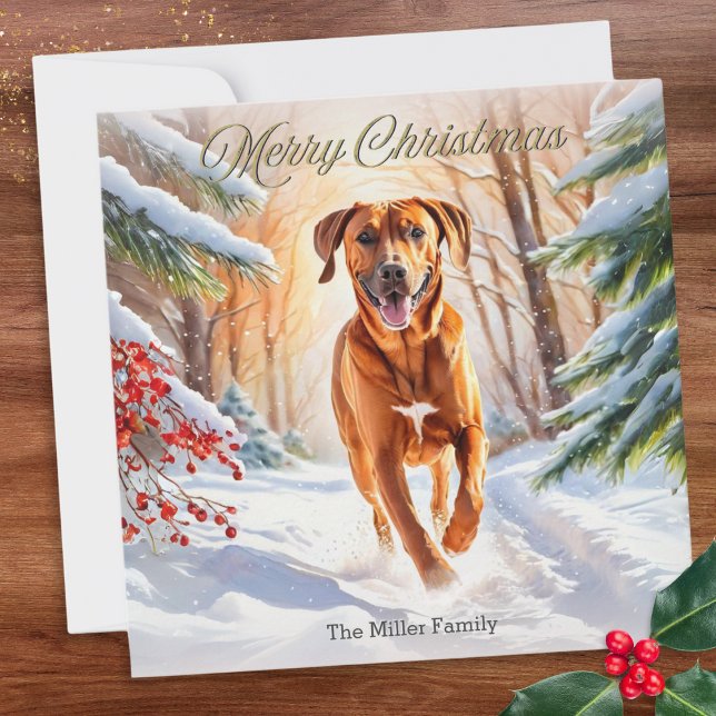 Rhodesian Ridgeback Hund i Snö God jul Julkort (A Christmas card with illustration of a Rhodesian Ridgeback dog running through the winter snow)