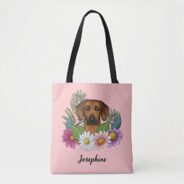Rhodesian Ridgeback Hund Med Blommor Och Namn Rosa Tygkasse