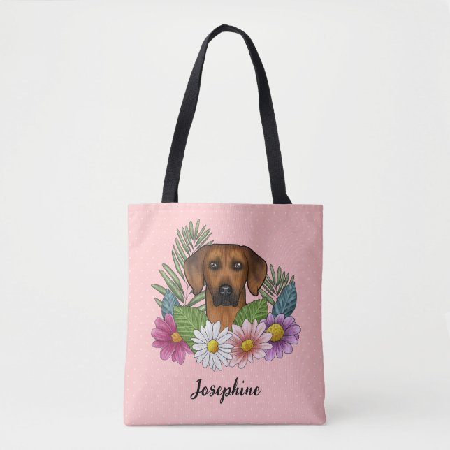 Rhodesian Ridgeback Hund Med Blommor Och Namn Rosa Tygkasse (Framsida)