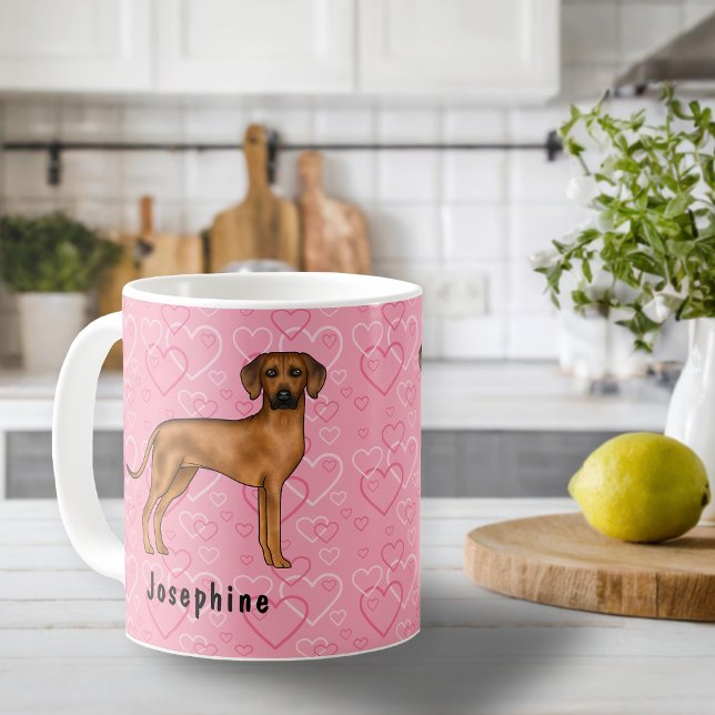Rhodesian Ridgeback Hund På Rosa Hjärtan Med Namn Kaffemugg (Please note: This image is a digital mockup. The product may not be in scale.)
