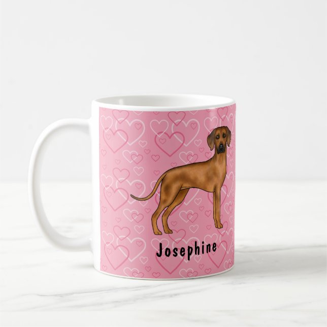 Rhodesian Ridgeback Hund På Rosa Hjärtan Med Namn Kaffemugg (Vänster)
