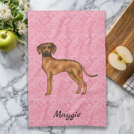 Rhodesian Ridgeback Hund på Rosa Hjärtar med Namn Kökshandduk