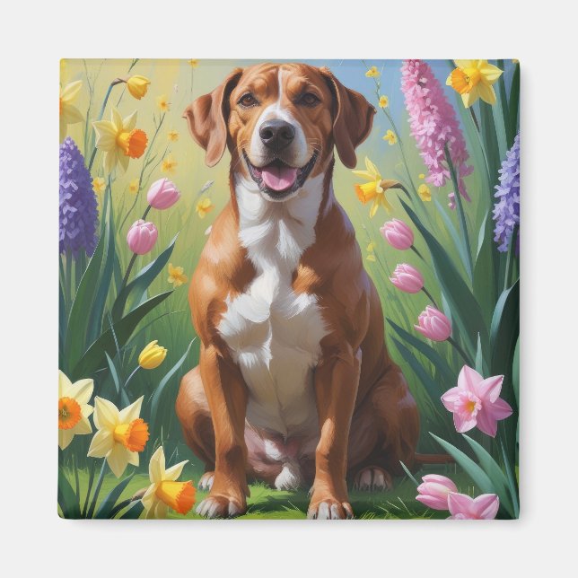 Rhodesian Ridgeback Hund Vårblommor Målning Magnet (Framsidan)