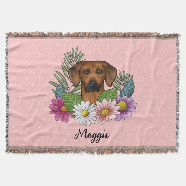 Rhodesian Ridgeback Hundhuvud Sommarblommor Rosa Filt (Framsidan)