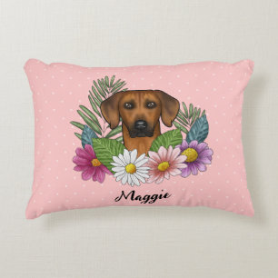 Rhodesian Ridgeback Hundhuvud Sommarblommor Rosa Prydnadskudde