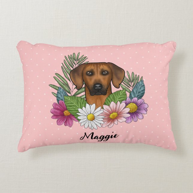 Rhodesian Ridgeback Hundhuvud Sommarblommor Rosa Prydnadskudde (Framsidan)